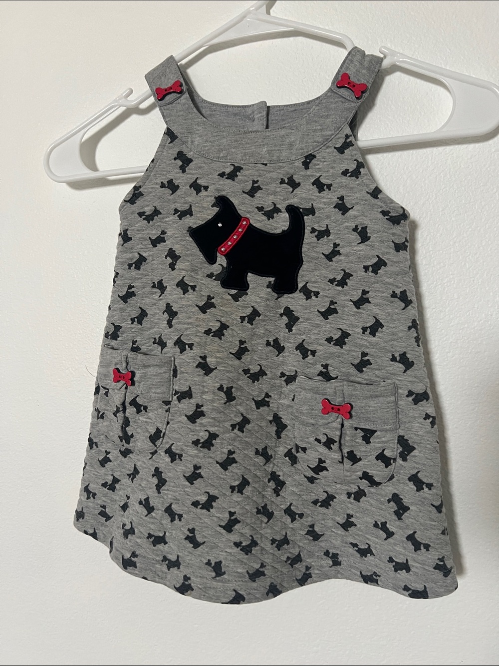 Blueberi Boulevard Gray Dress with Black Dog Motif and Red Accents